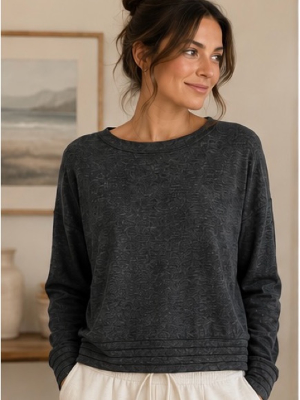 Sundry Charcoal Gray Textured Pullover Sweatshirt